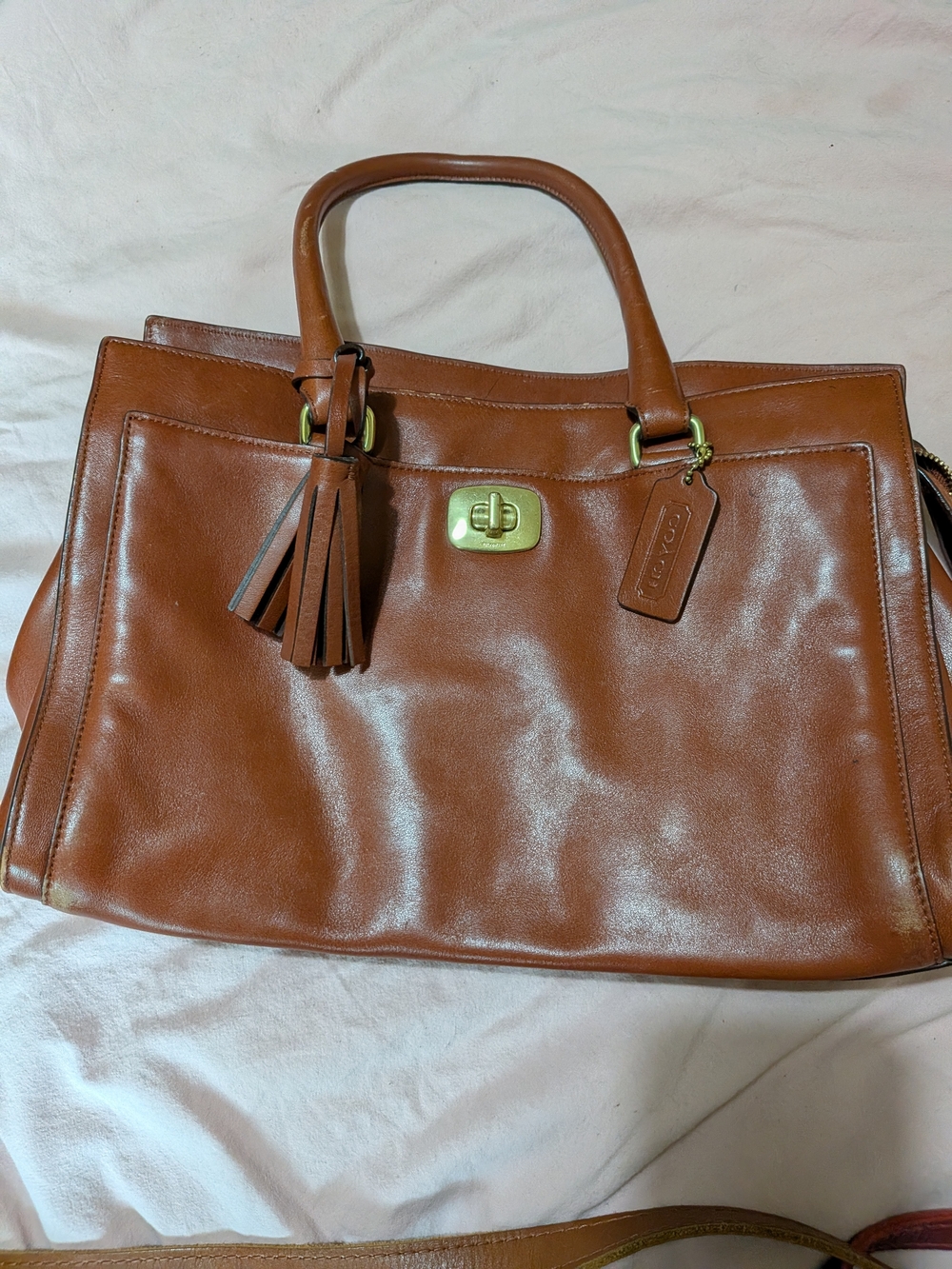 Leather Tote Handbag in Cognac Brown with Tassel